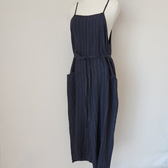 ALEMBIKA Linen Pinstripe Wide Leg Capri Jumpsuit Tie-Waist Pocket Navy Blue - Picture 1 of 13